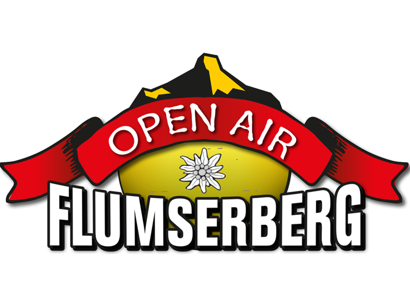 Das Logo für „Open Air Flumserberg“ zeigt ein rotes Band mit weissem Text über einem stilisierten schwarzen Berg und gelbem Hintergrund mit einem Edelweiss.
